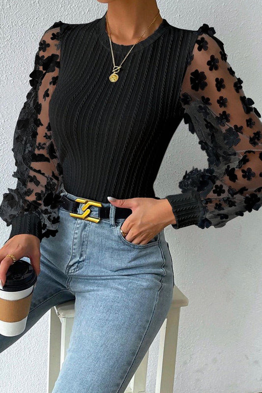 Black Floral Mesh Sleeve Shirt